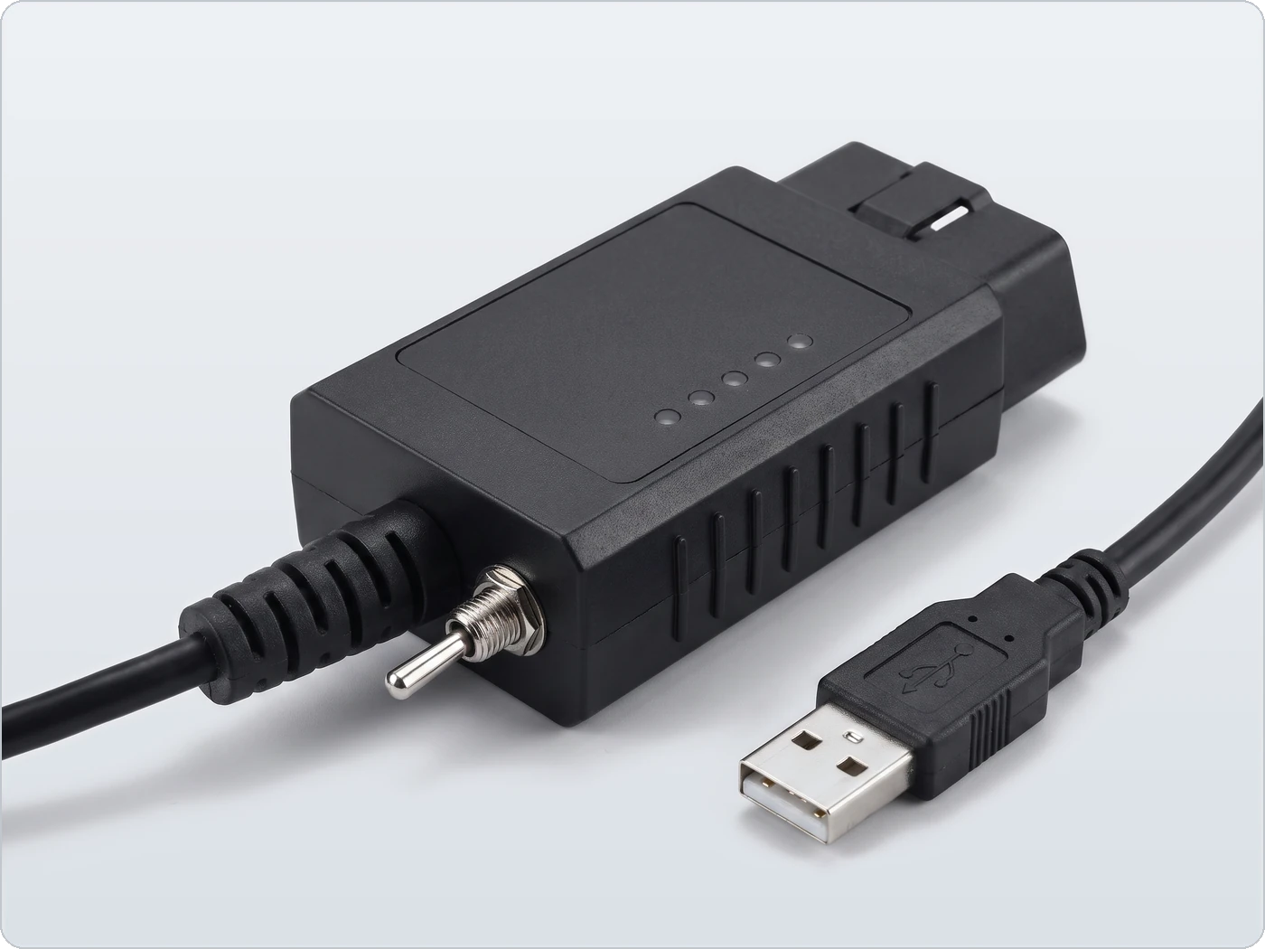 ELM327 USB OBD2 adapter with a silver metal toggle switch on the side of the case, next to where the cable leaves