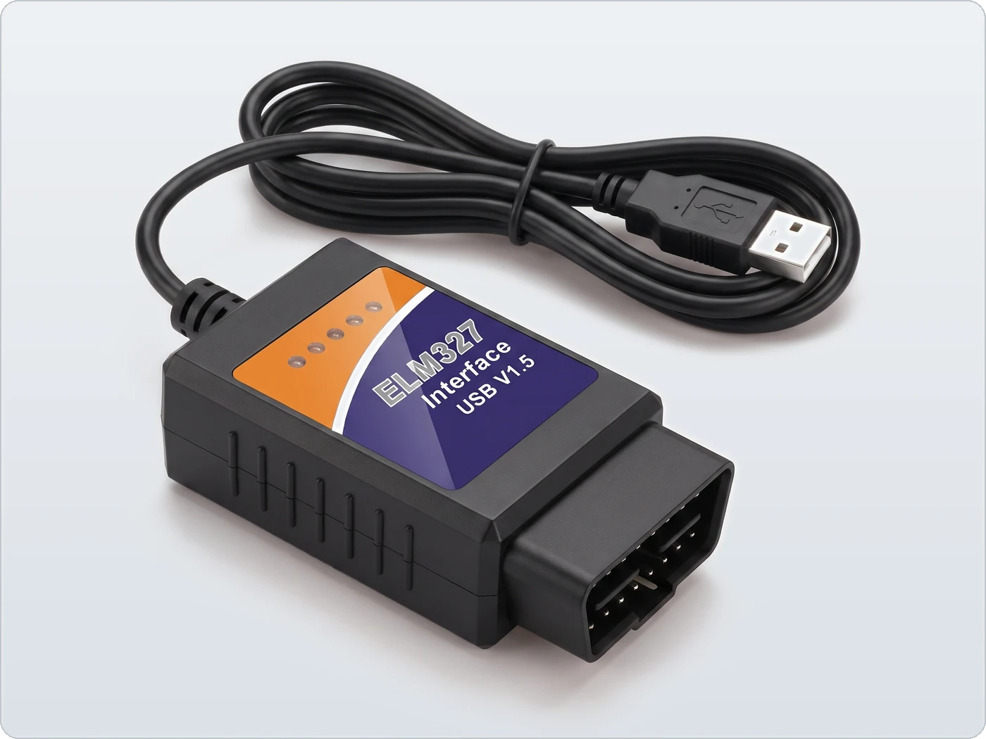 ELM327 USB OBD2 adapter with a black case and an orange and blue label