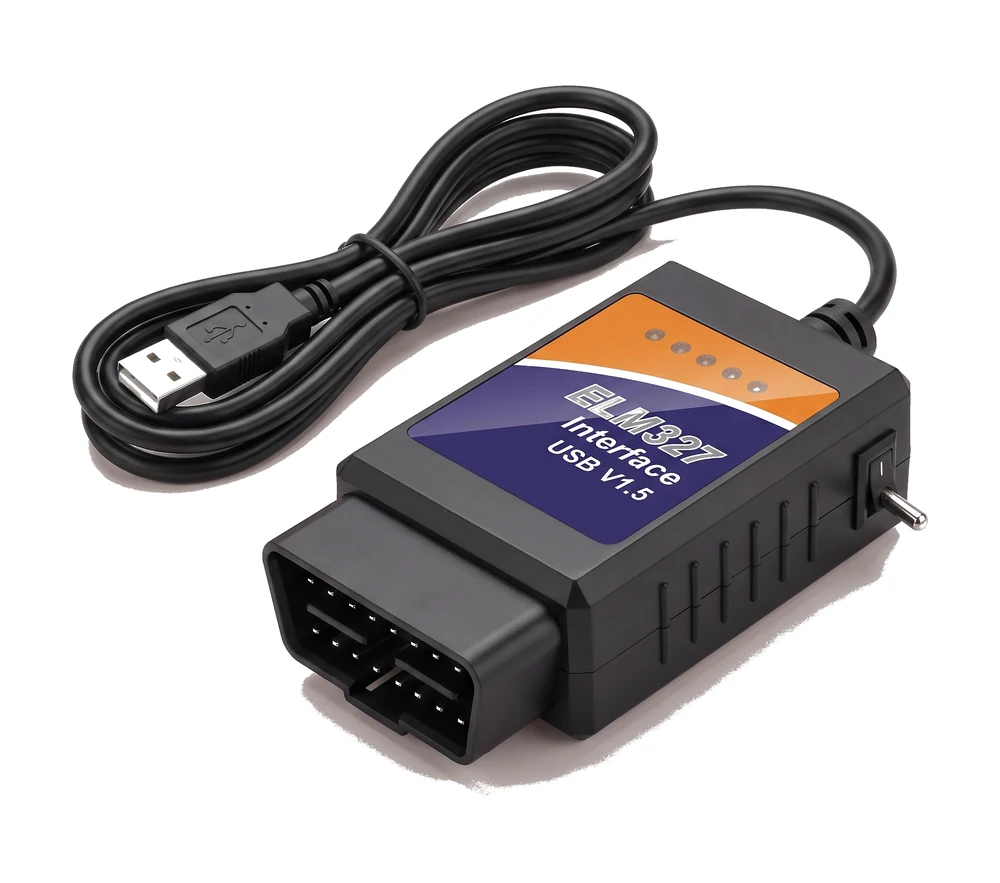 ELM327 USB OBD2 adapter with a small slide switch on the side of the case