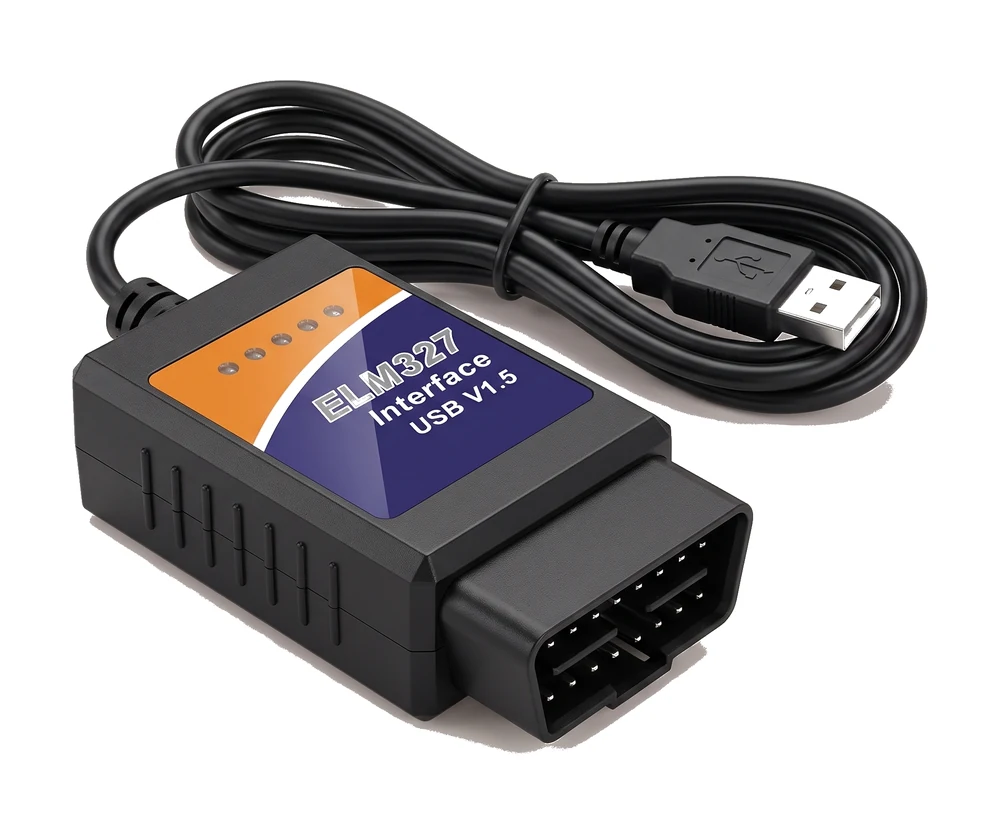 ELM327 USB OBD2 adapter with a black case and an orange and blue label