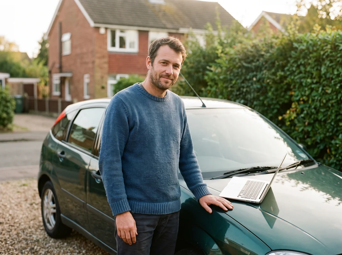 A relaxed man beside his car on the driveway with a laptop on the bonnet