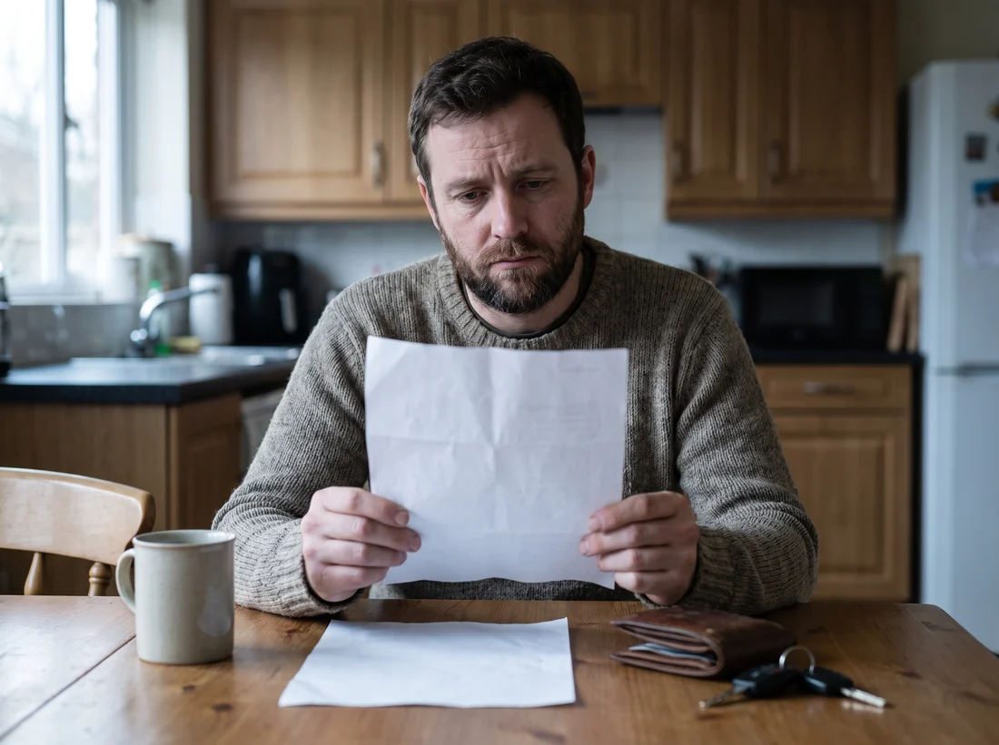 A man at his kitchen table reading a garage invoice, looking tired