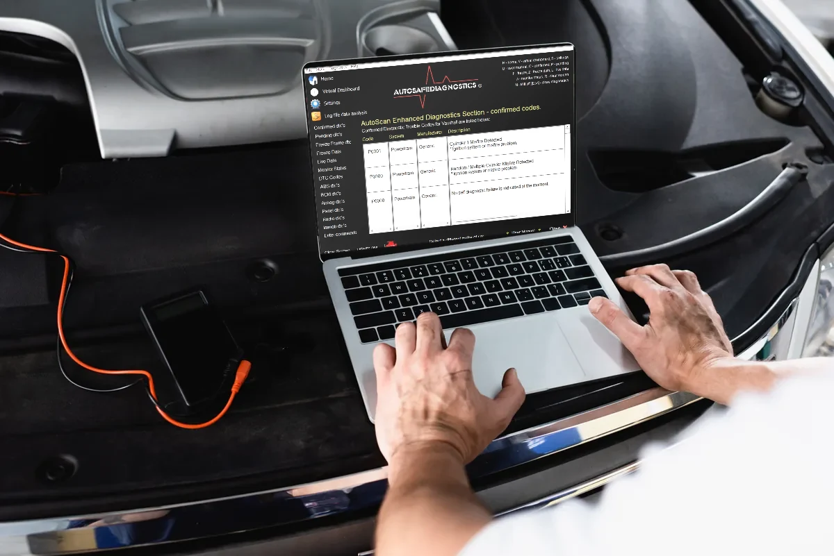 A laptop on a car engine showing AutoScan listing confirmed fault codes with their descriptions